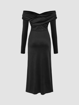 Cider - Velvet Off-shoulder Solid Split Maxi Dress