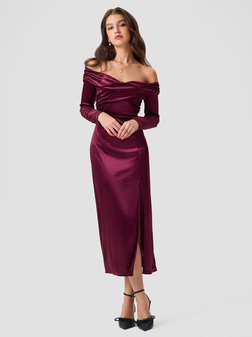 cider off the shoulder dress Amazon.com: CIDER Velvet Off Shoulder Maxi Dress Formal Split Middle Waist Gown Long Sleeve Evening Dress Burgundy : Clothing, Shoes & Jewelry