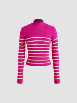 Cider - High Neck Striped Knitted Long Sleeve Top