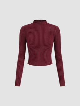 Cider - Rib Knit Stand Neck Solid Long Sleeve Top
