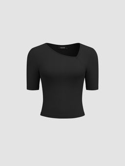 Cider - Asymmetrical Neck Solid Short Sleeve Knitted Tee