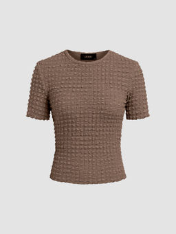 Cider - Round Neck Solid Shirred Short Sleeve Top