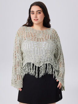 Cider - Round Neckline Solid Hollow Out Tassel Knitted Crop Long Sleeve Top Curve & Plus