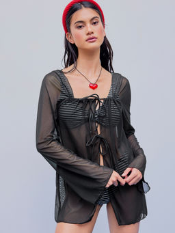 Cider - Mesh Knotted Solid Cover Up Top