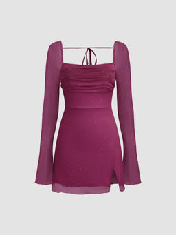 Cider - Square Neck Solid Glitter Knotted Mini Dress