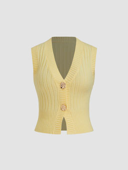Cider - Knit V-neck Solid Button Vest