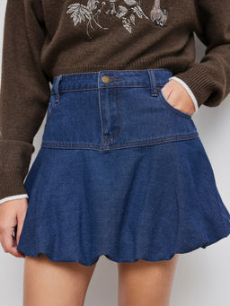 Cider - Denim Low Rise Solid Pocket Ruffle Mini Skirt