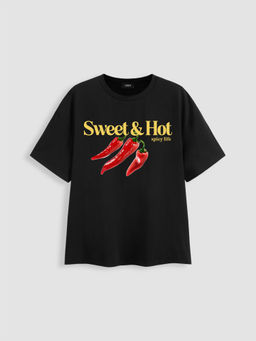 Cider - Sweet & Hot Round Neckline Pepper Graphic Short Sleeve Oversized Tee