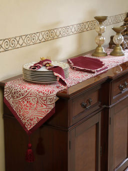 Maspar - Cotton Printed Runner & Napkin Set - 35 x 228 cm - Red (8 Seater)