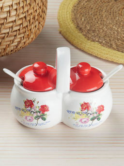 Kookee - Ceramic Twin Condiment Jars with Lid & Spoon For Kitchen - Red
