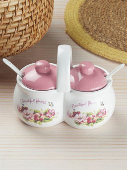 Kookee - Ceramic Twin Condiment Jars with Lid & Spoon For Kitchen - Pink
