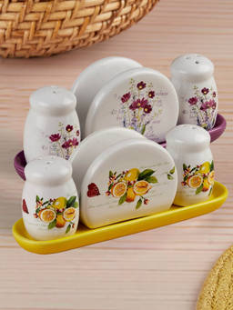 Kookee - Ceramic Salt and Pepper Shakers Set with Tray and Tissue Holder - Multi-Color
