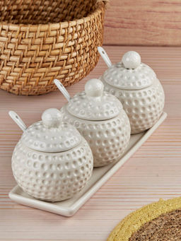 Kookee - Ceramic Condiment Jars and Containers with Tray and Spoon (Set of 7)(280Ml Each)- White