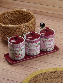 Kookee - Ceramic Condiment Jars and Containers with Tray and Spoon - Maroon