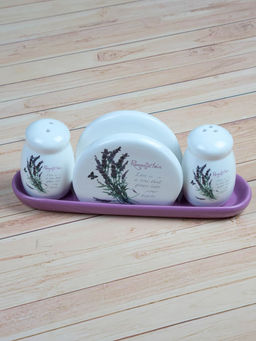 Kookee - Ceramic Salt and Pepper Shakers Set with Tray and Tissue Holder - Purple