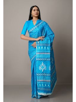 Unnati Silks - Blue Pure Krisha Block Printed Cotton Saree with Unstitched Blouse