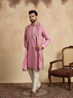 ETHNIC BAY - Men Pink Embroidered Thread Work Kurta with Pant and Dupatta