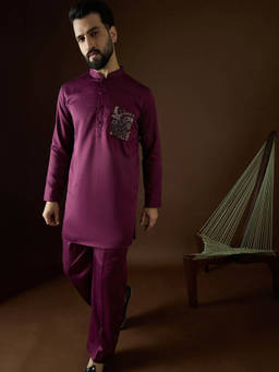 ETHNIC BAY - Men Purple Sequined Work Beads and Stones Kurta with Pant