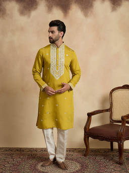 ETHNIC BAY - Men Yellow Embroidered Thread Work Kurta with Pant