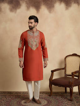 ETHNIC BAY - Men Orange Embroidered Sequined Work Kurta with Pant