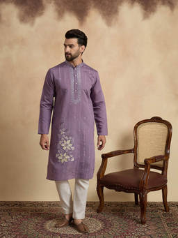 ETHNIC BAY - Men Lavender Embroidered Sequined Work Kurta with Pant