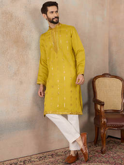 ETHNIC BAY - Men Yellow Embroidered Sequined Work Kurta