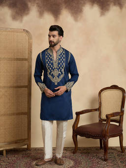 ETHNIC BAY - Men Navy Blue Embroidered Sequined Work Kurta