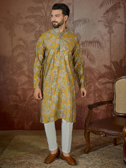 ETHNIC BAY - Men Mustard Floral Printed Kurta