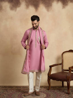 ETHNIC BAY - Men Pink Embroidered Thread Work 1 Kurta, 1 Dupatta