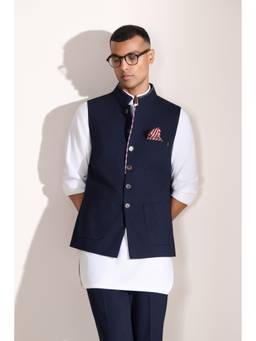 S&N by Shantnu Nikhil - Navy Contrast Piping Waistcoat