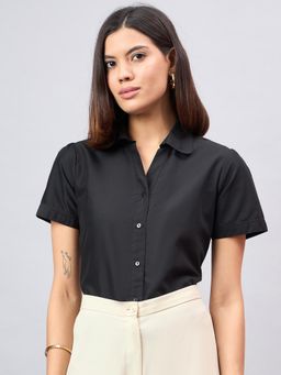 Style Quotient - Women Black Short Sleeves Collar Shirt