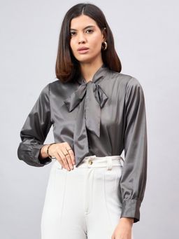 Style Quotient - Women Slate Grey Solid Satin Tie-Up Regular Formal Shirt