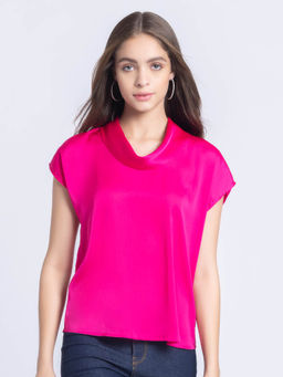 SHAYE - Cowl Neck Pink Solid Casual Top for Women