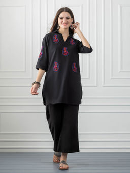 SHAYE - Shirt Collar Black Paisley Embroidered Tunic and Trouser for Women (Set of 2)