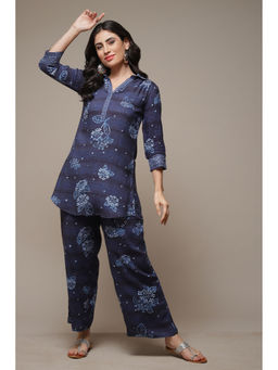 Biba - Womens Indigo Printed Rayon Straight Kurta