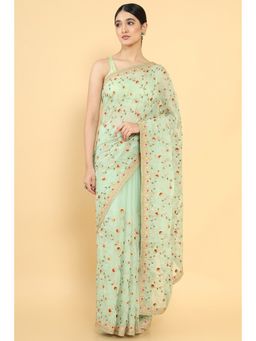 Soch - Women Green Organza Embroidered Saree with Unstitched Blouse