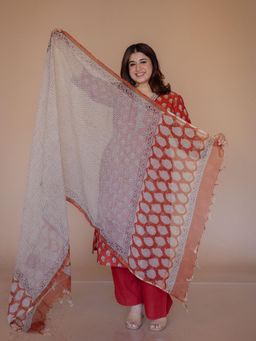 The Indian Ethnic Co. - Red Chevron Bagru Kota Doria Cotton Dupatta