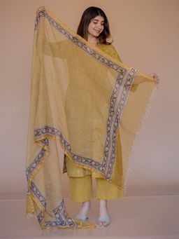 The Indian Ethnic Co. - Yellow Butti Bagru Kota Doria Cotton Dupatta