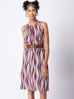 FabAlley - Multicolored Striped Shift Dress With Tan Belt