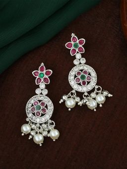 Estele - Rhodium Plated CZ Flower Designer Bridal Earrings with Pearls for Women