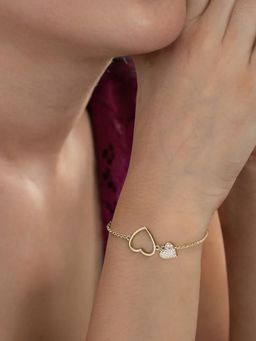Ornate Jewels - 925 Silver 18K Gold Plated White CZ Dual Heart Embrace Bracelet (Adjustable)