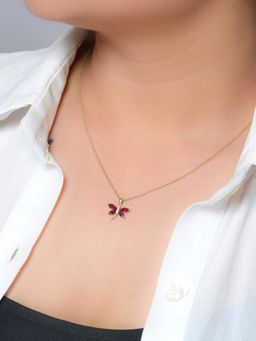 Ornate Jewels - 925 Silver 18K Gold Plated Red Ruby Butterfly Pendant With Chain