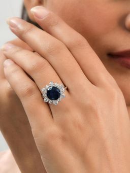 Ornate Jewels - 925 Silver Rhodium Plated Round 3.5 Carat Blue Sapphire Ring