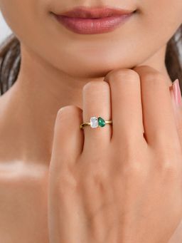 Ornate Jewels - 925 Silver 18K Gold Plated Green Emerald Toi Et Moi Adjustable Ring (Adjustable)