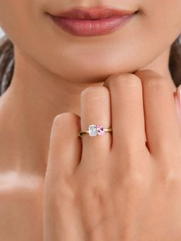 Ornate Jewels - 925 Silver 18K Gold Plated Pear Pink CZ Toi Et Moi Adjustable Ring (Adjustable)