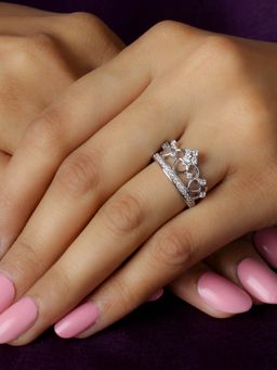 Ornate Jewels - 925 Silver Rhodium Plated American Diamond Crown Ring