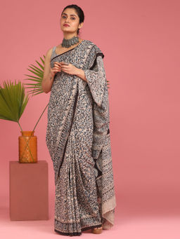 Indethnic - Kalamkari Handblock Mulmul Cotton Multi-Color Saree with Unstitched Blouse