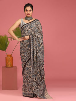 Indethnic - Kalamkari Handblock Mulmul Cotton Multi-Color Saree with Unstitched Blouse