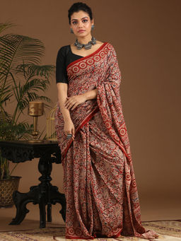 Indethnic - Kalamkari Handblock Mulmul Cotton Multi-Color Saree with Unstitched Blouse