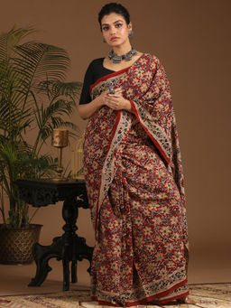 Indethnic - Kalamkari Handblock Mulmul Cotton Multi-Color Saree with Unstitched Blouse